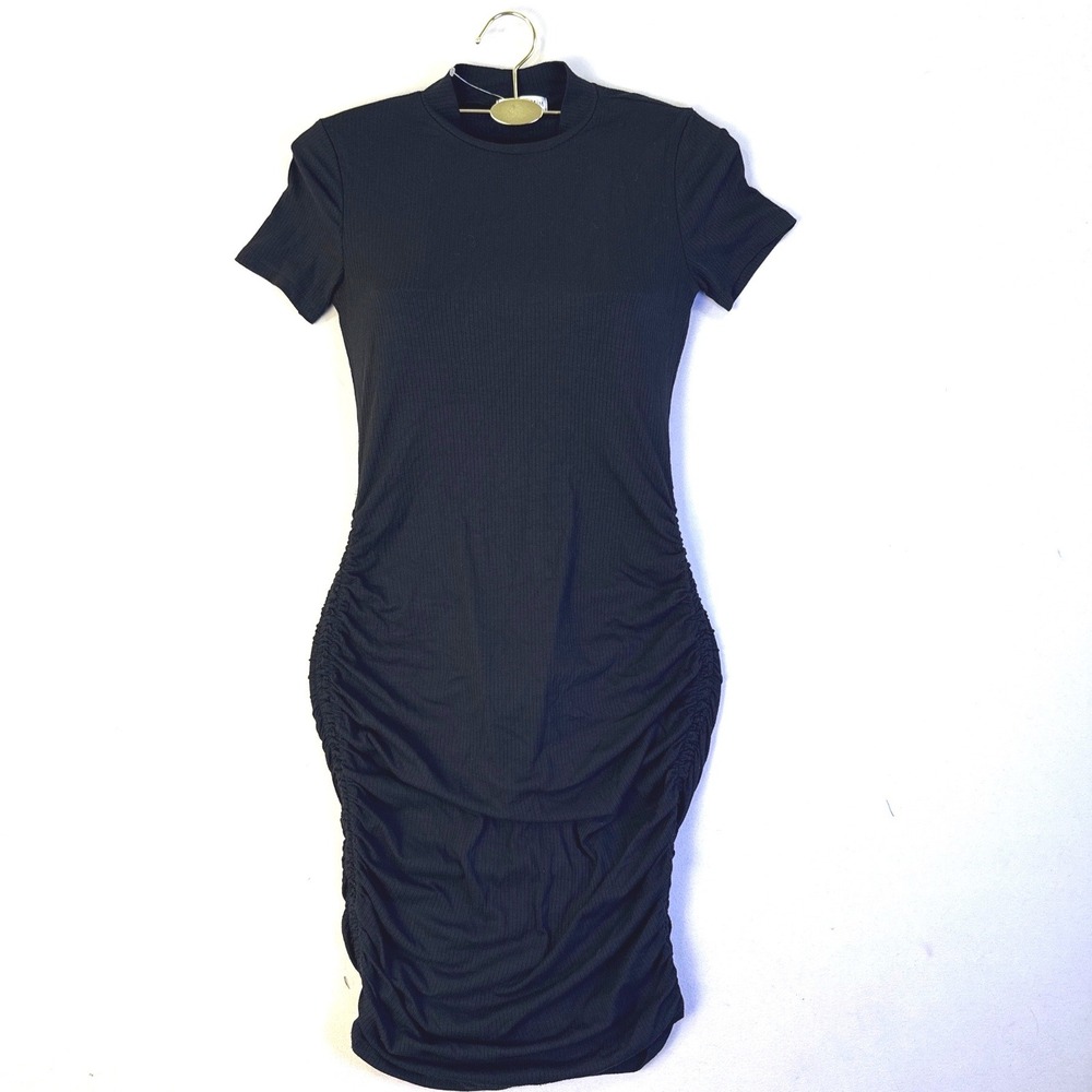 Popular 21 Womens Black Ribbed Ruched Mock Neck Bodycon Mini Dress DY7937 Size M